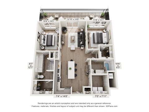 a 3 bedroom floor plan of a 2100 sq ft apartment